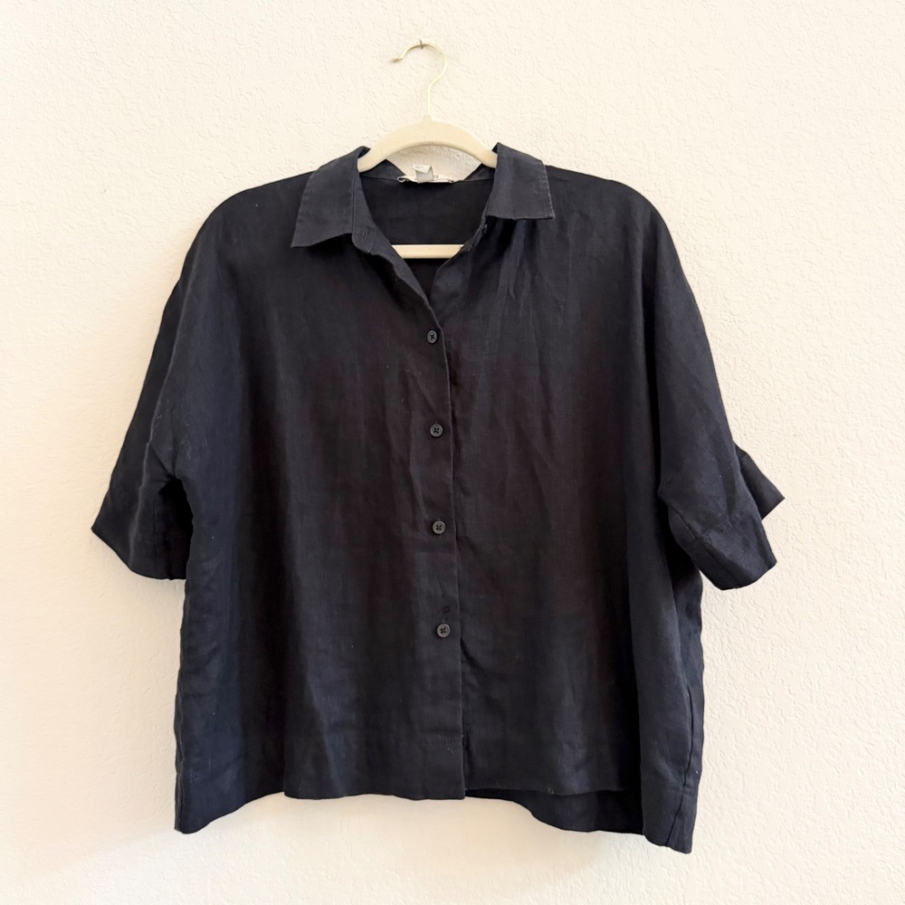 COS Women Black Linen Boxy Short Sleeve Button Down Shirt Size 4